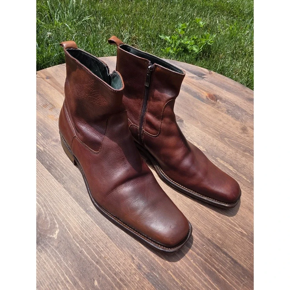 Kenneth Cole Men's Brown Leather Ankle Boots Size 12 Made in Italy Zip Up